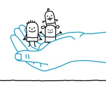 big hand and cartoon children - protection