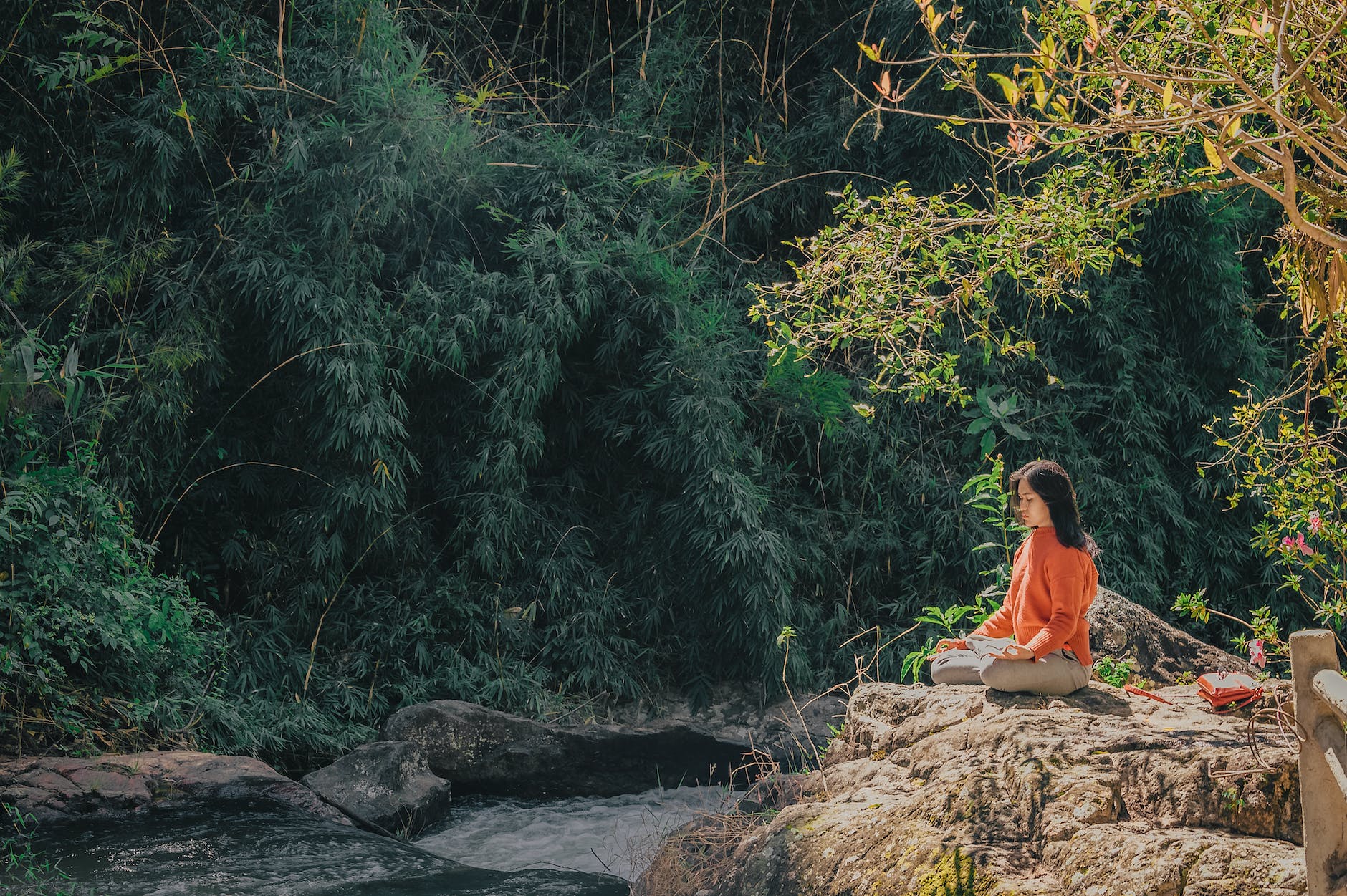 Jeune femme pratiquant la naturopathie, en méditation dans un paysage verdoyant au bord d'une rivière. 